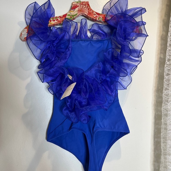 Free People Haute Wired Bodysuit Ruffles Tulle Trim Canyon Iris - Picture 6 of 6